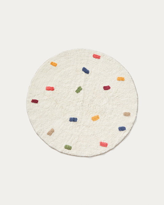 Epifania round rug 100% cotton white with multicoloured dots Ø 100 cm
