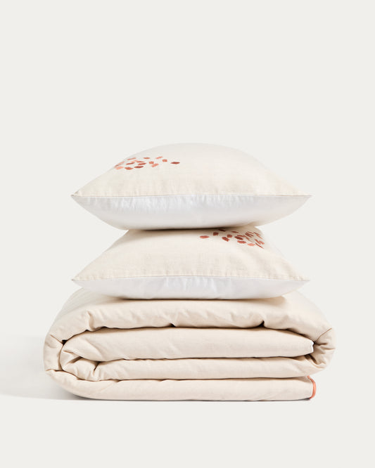 Virelda duvet cover and pillowcase set in beige cotton and linen with embroidered detail for 180cm bed