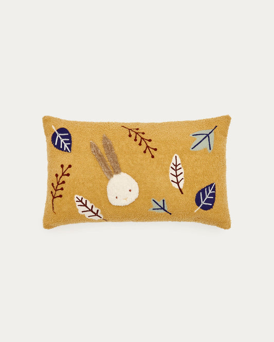 Yanil cushion cover in mustard bouclé with multicolour embroidered leaves, 30 x 50 cm