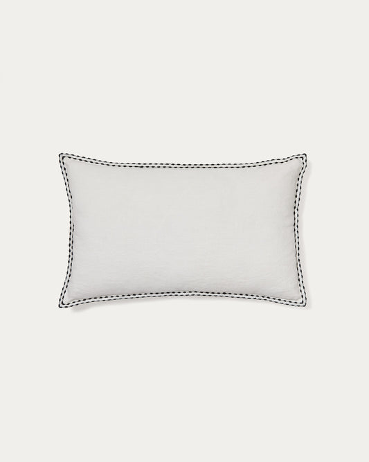 Sinet cushion cover in white linen and a black embroidery feature, 30 x 50 cm