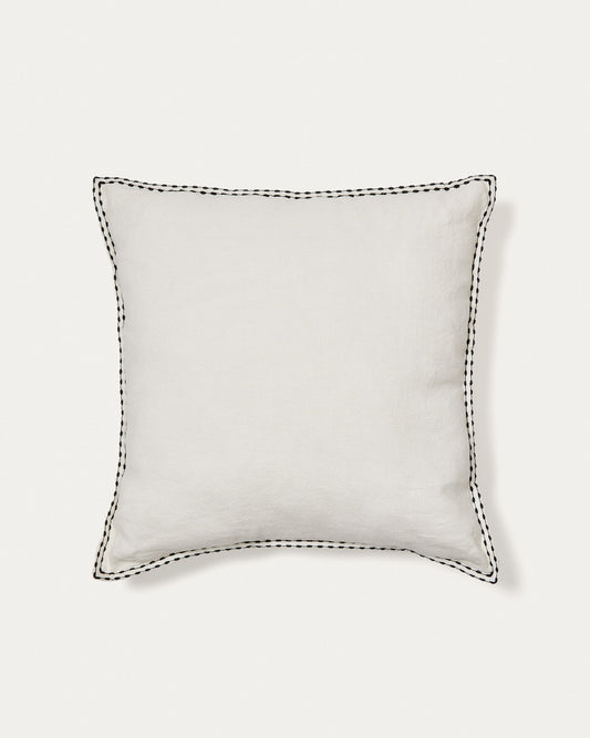 Sinet cushion cover in white linen and a black embroidery feature, 45 x 45 cm