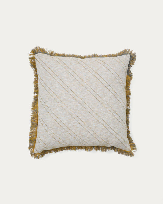 Cral beige jacquard, cotton cushion cover with multi-coloured fringe, 45 x 45 cm