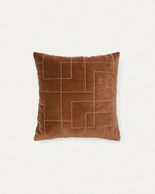 Prila terracotta-coloured velvet cotton cushion cover with embroidery feature, 45 x 45 cm