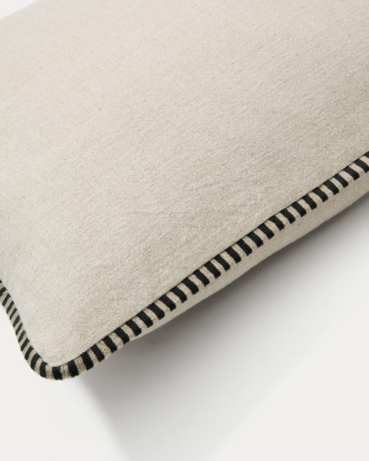 Ardit beige linen and cotton cushion cover contrasting black embroidered stripe 45 x 45 cm