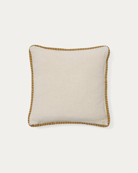 Ardit beige linen and cotton cushion cover mustard-coloured embroidered stripe 45 x 45 cm