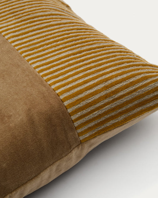 Samit 100% cotton velvet cushion cover with contrasting mustard-coloured stripes, 45 x 45 cm