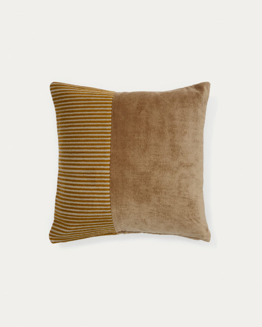 Samit 100% cotton velvet cushion cover with contrasting mustard-coloured stripes, 45 x 45 cm