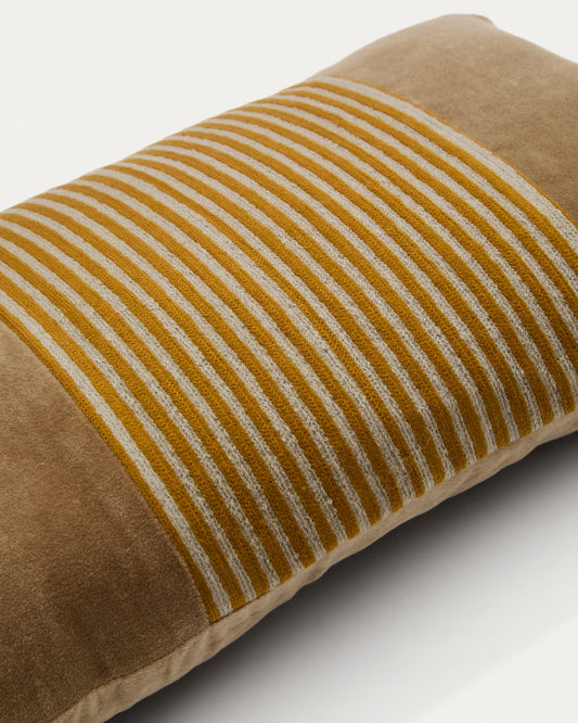 Samit 100% cotton velvet cushion cover with contrasting mustard-coloured stripes, 30 x 50 cm