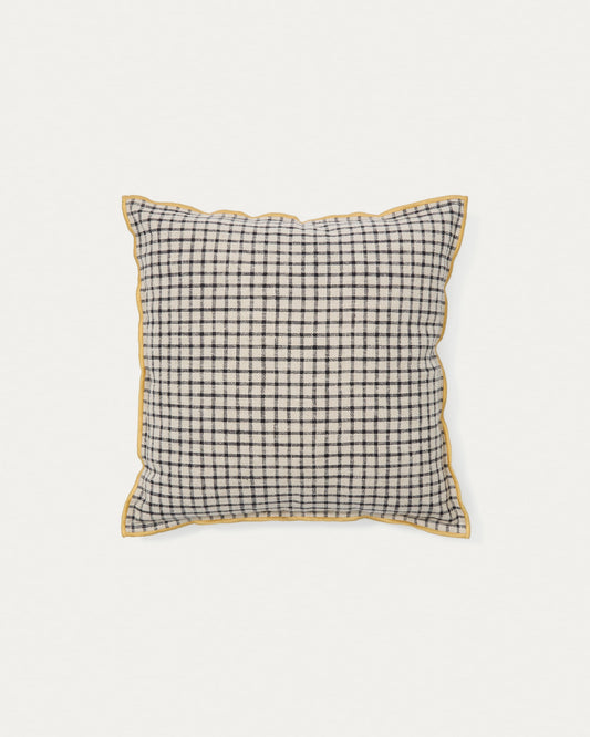 Airi linen and cotton cushion cover in checked beige, yellow contrasting edges, 45 x 45 cm