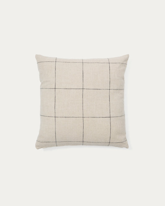 Ayame cushion cover in beige linen and cotton and a black embroidery feature, 45 x 45 cm