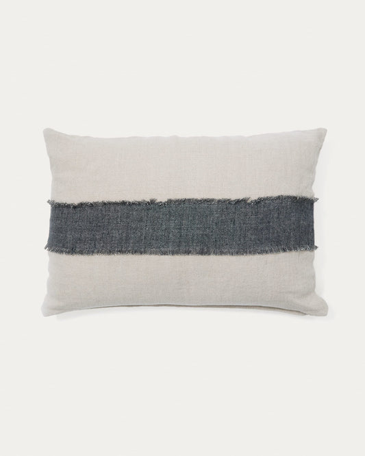 Daf 100% linen cushion cover in beige and grey with fringes, 40 x 60 cm