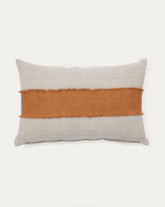 Daf 100% linen cushion cover in beige and terracotta with fringes, 40 x 60 cm