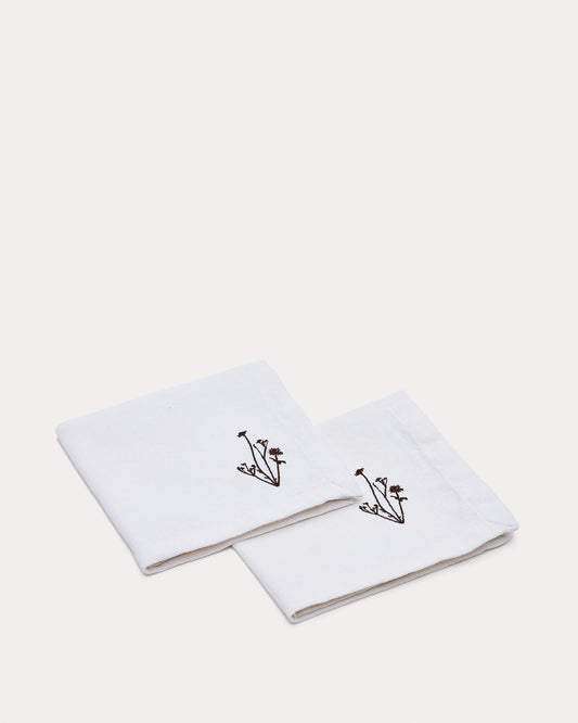 Mada set of 2 linen and white cotton napkins with brown flower embroidery