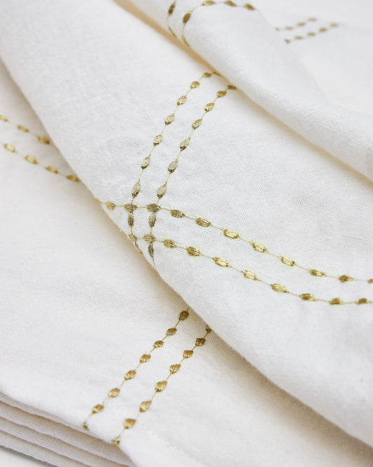 Marek white linen and cotton tablecloth with double-stitched gold embroidery 150x250cm