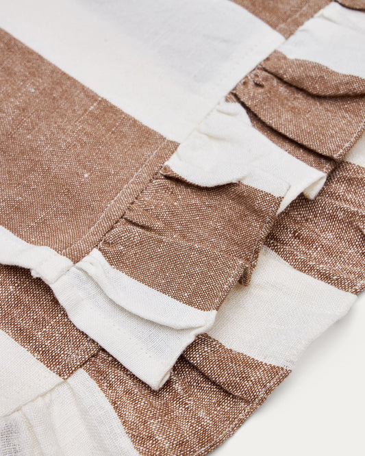 Maura set of 2 single cotton and linen tablecloths with white stripes and brown side ruffles