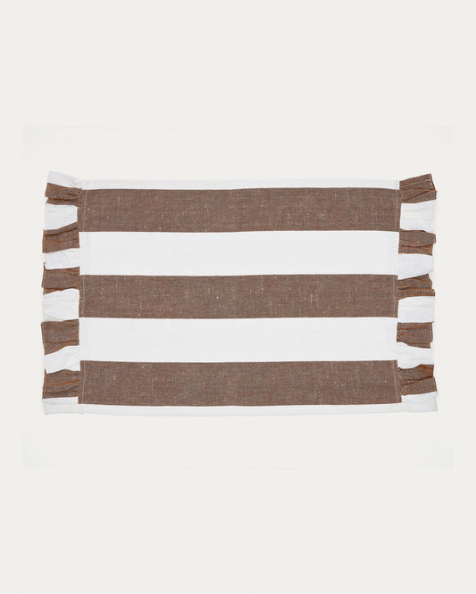 Maura set of 2 single cotton and linen tablecloths with white stripes and brown side ruffles