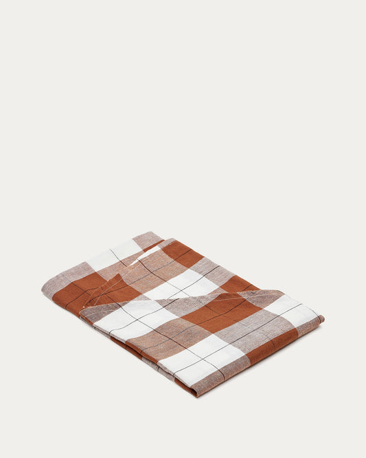 Matie cotton and linen round tablecloth in brown check Ø 150 cm