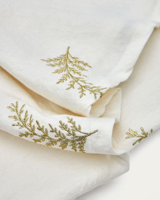 Masha round white linen and cotton tablecloth with embroidered gold lurex leaf detail Ø150cm