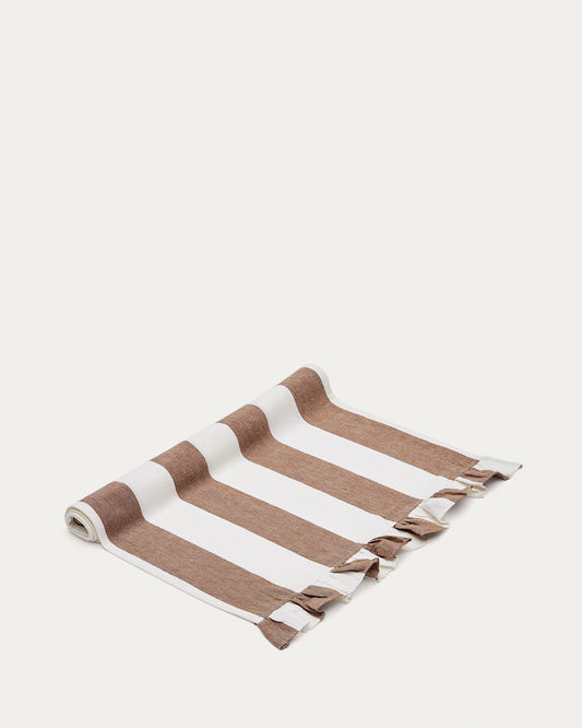 Maura cotton and linen table runner with white and brown stripes and side ruffles 50 x 150cm