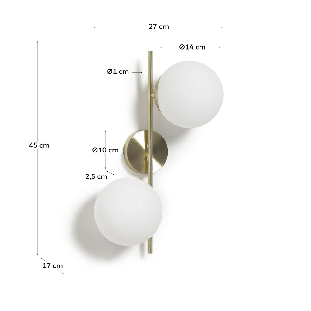 Mahala steel wall light with brass finish and two frosted glass spheres