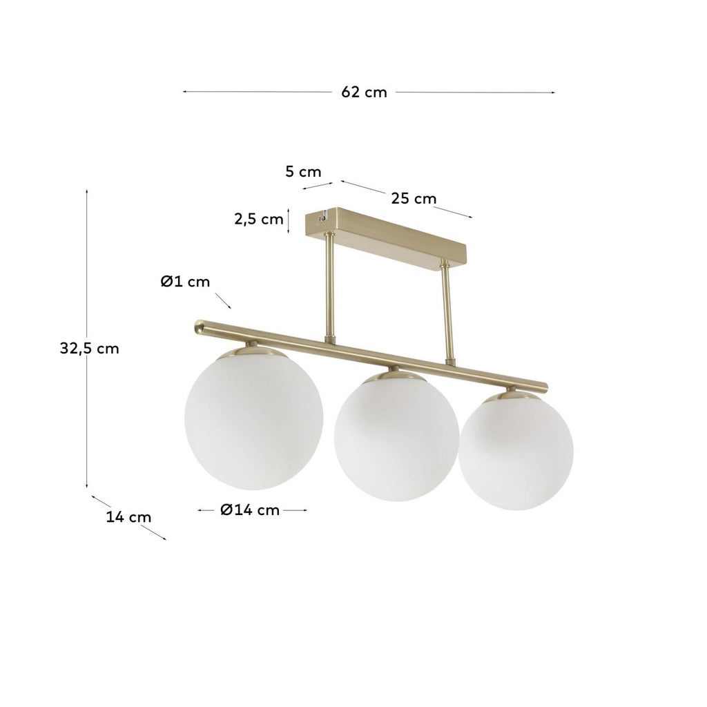 Mahala ceiling light with steel detail and brass finish and three frosted glass spheres