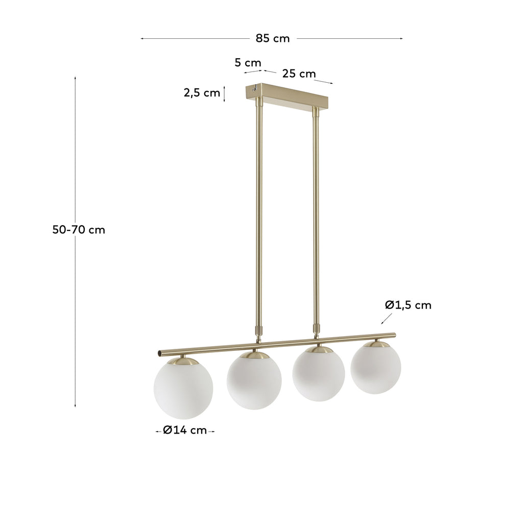 Mahala steel ceiling light with brass finish and four frosted glass spheres