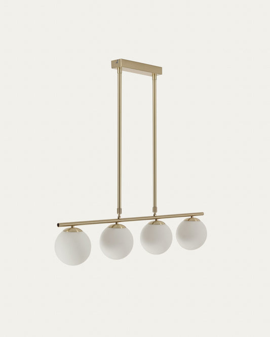 Mahala steel ceiling light with brass finish and four frosted glass spheres