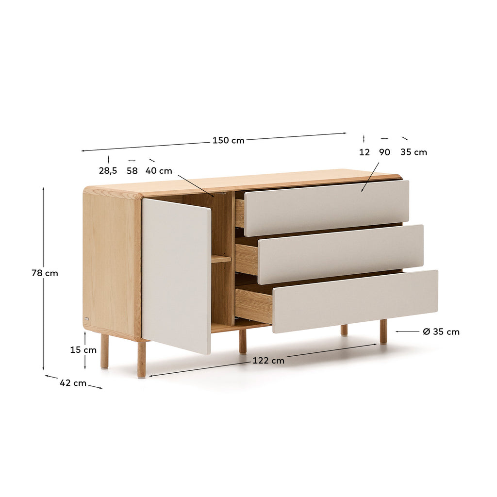 Anielle solid ash & ash veneer sideboard with 1 door and 3 drawers, 150 x 78 cm