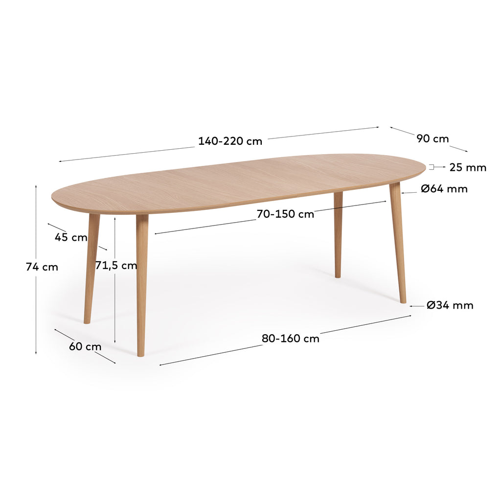 Oqui extendable oval table with an oak veneer and solid wood legs, Ø 140 (220) x 90 cm