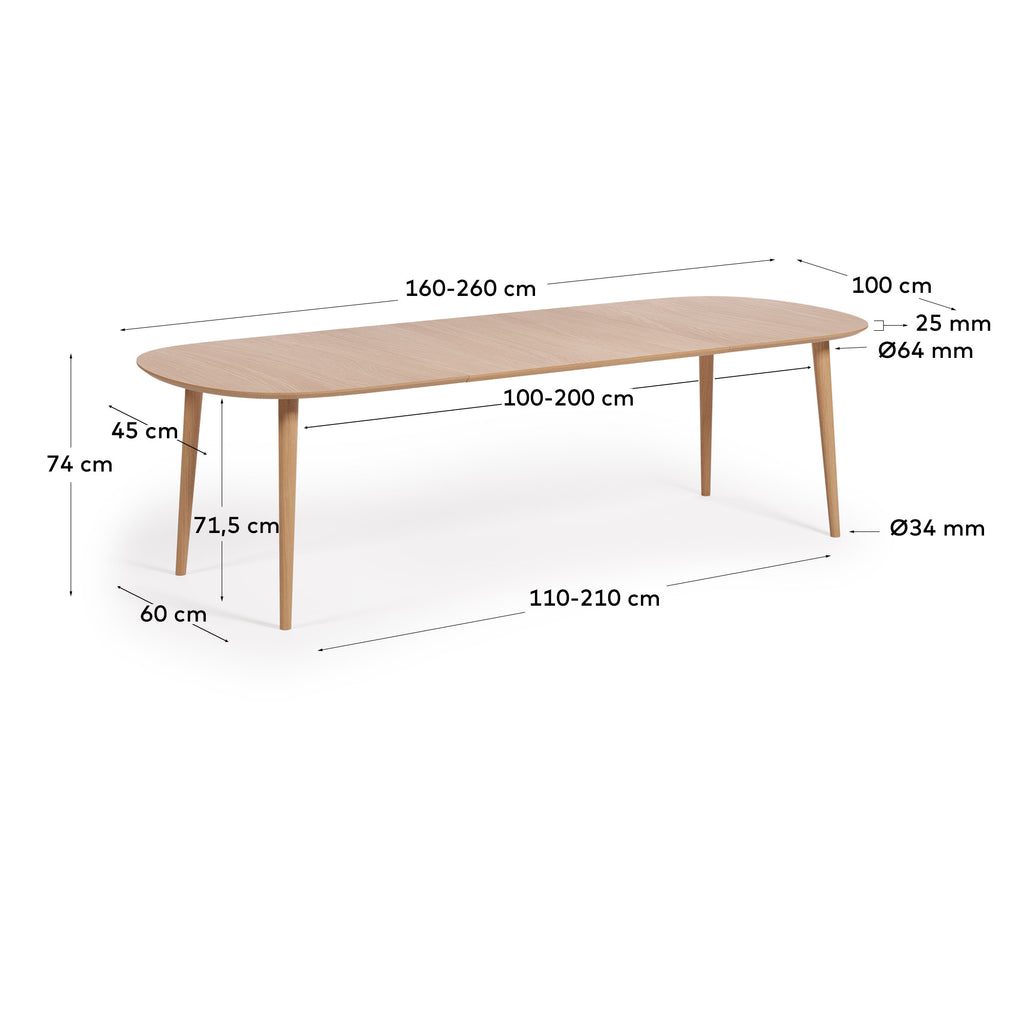 Oqui extendable oak veneer table with solid wood legs 160 (260) x 100 cm