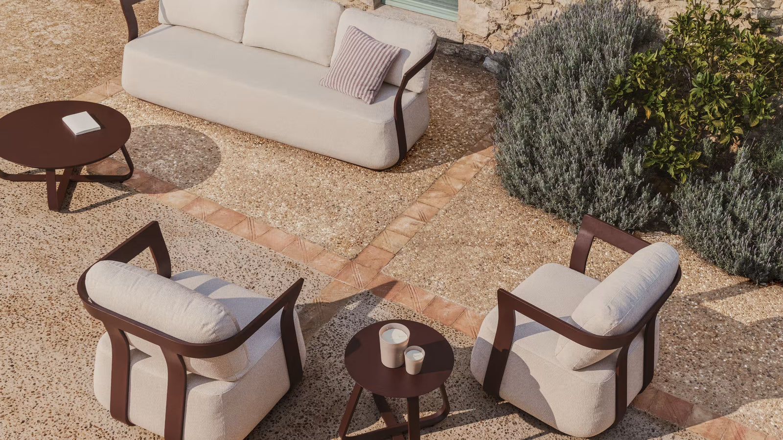 Tamaris set with 3-seater sofa and 2 armchairs in brown aluminium